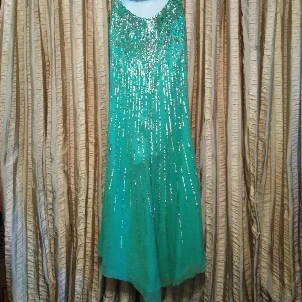 Size 8 Sherri Hill Teal Silk One-Shoulder Dress - Picture 8 of 9